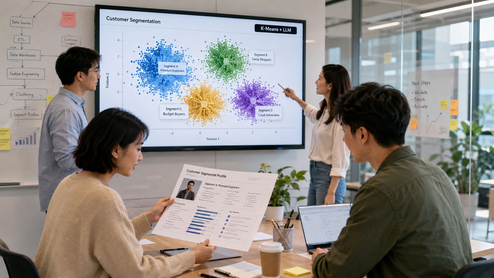 A professional team in a modern office collaborating on data-driven customer segmentation strategies using screen visualizations.
