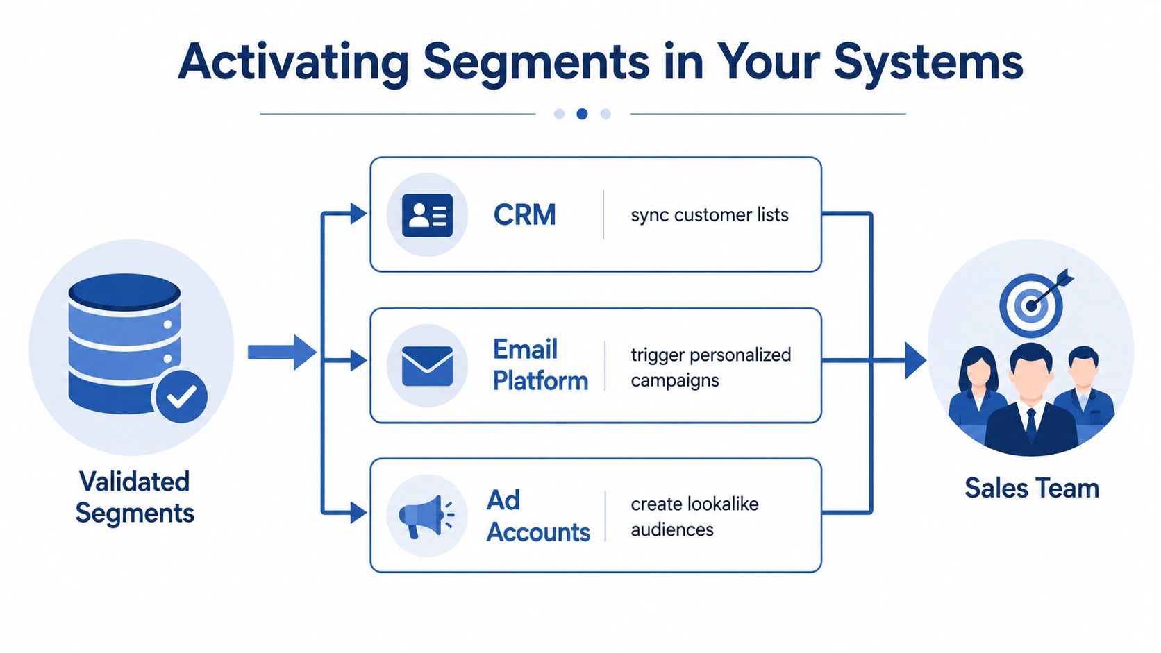 A diagram illustrating how validated segments are activated across CRM, email platforms, and ad accounts for sales.