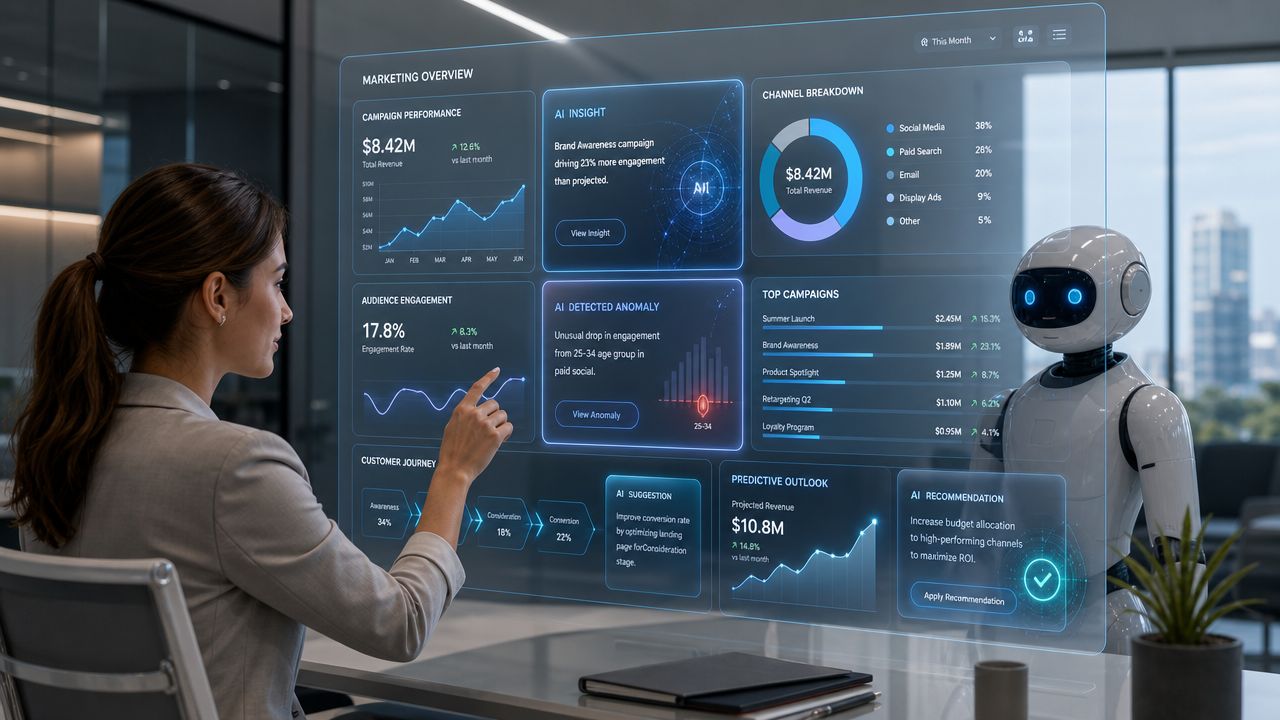 A professional woman interacting with a futuristic holographic AI marketing analytics dashboard beside a robot assistant.