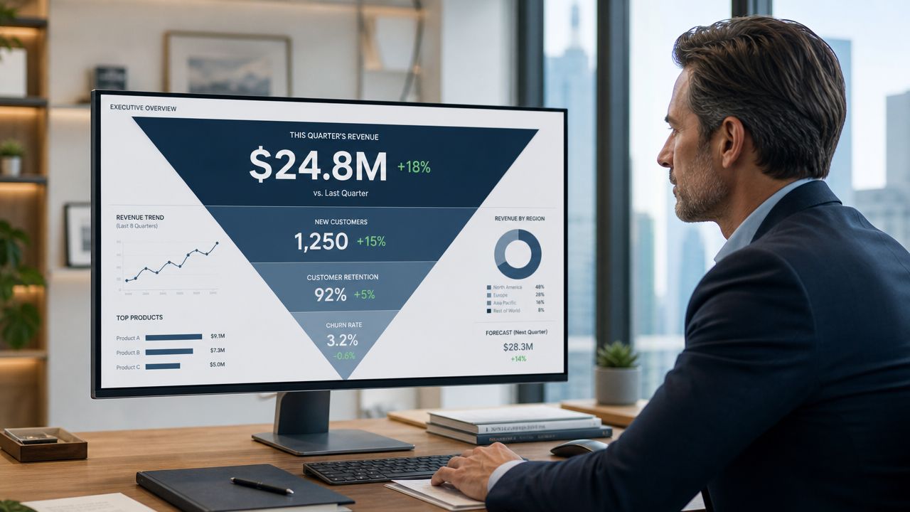A professional man reviewing data insights on a marketing analytics dashboard on his computer monitor.