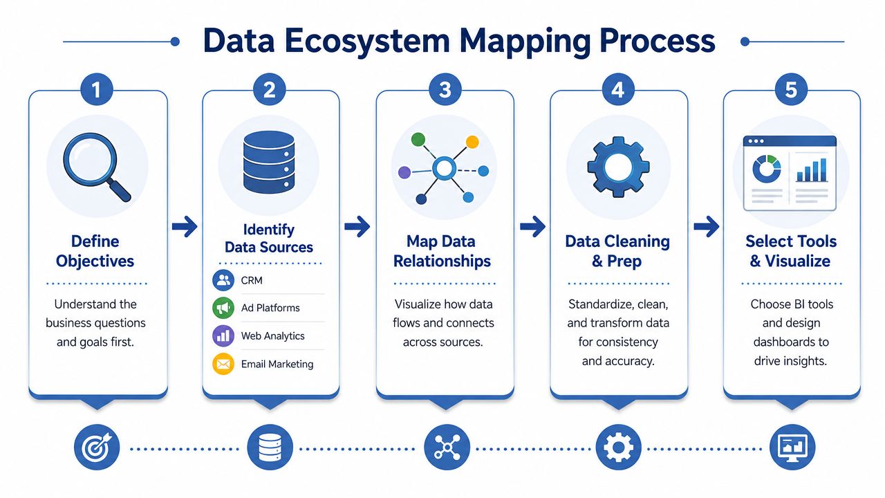 A five-step diagram illustrating the process for mapping a data ecosystem for business marketing analytics.