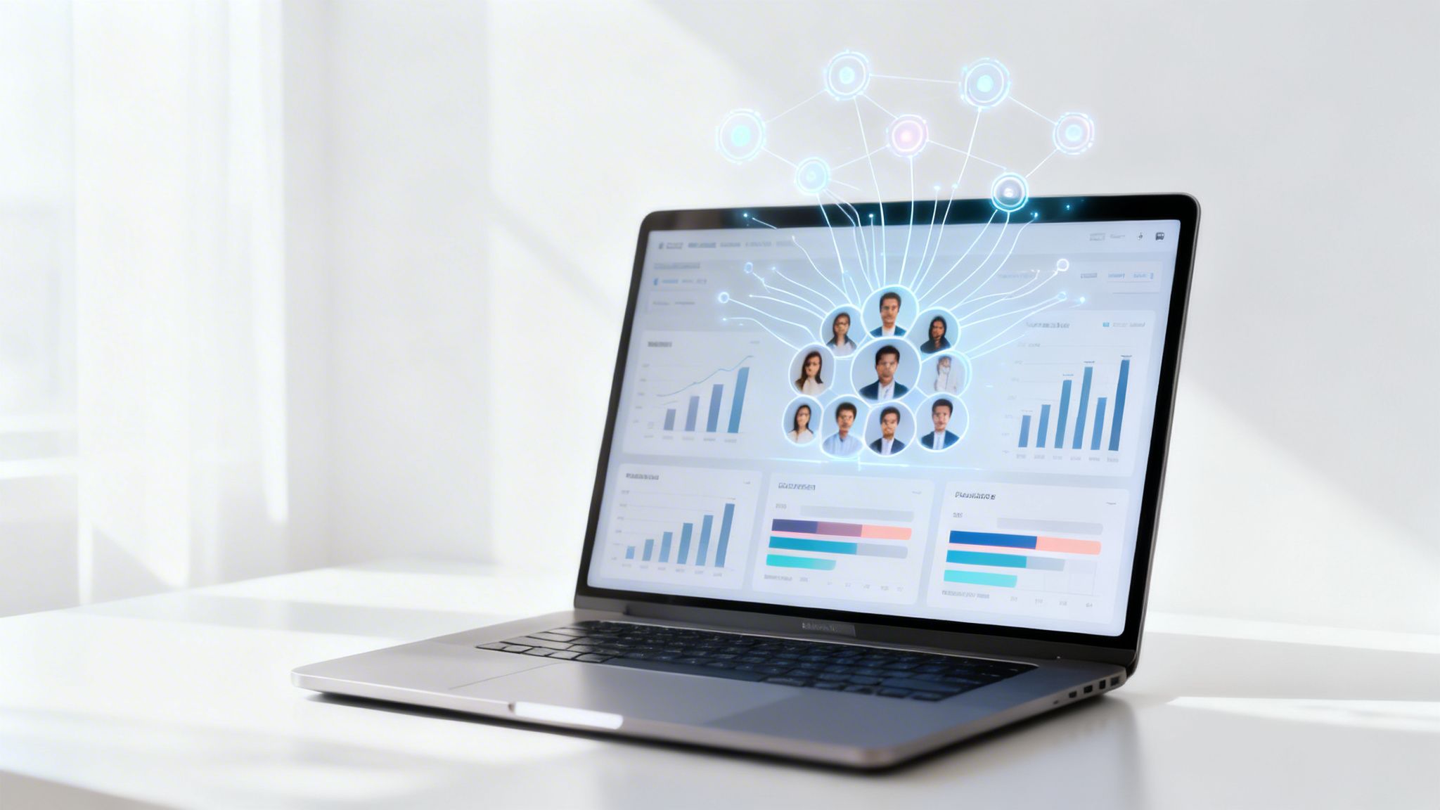 Laptop screen displaying a digital network of diverse user profiles connected by glowing lines, with various data charts.