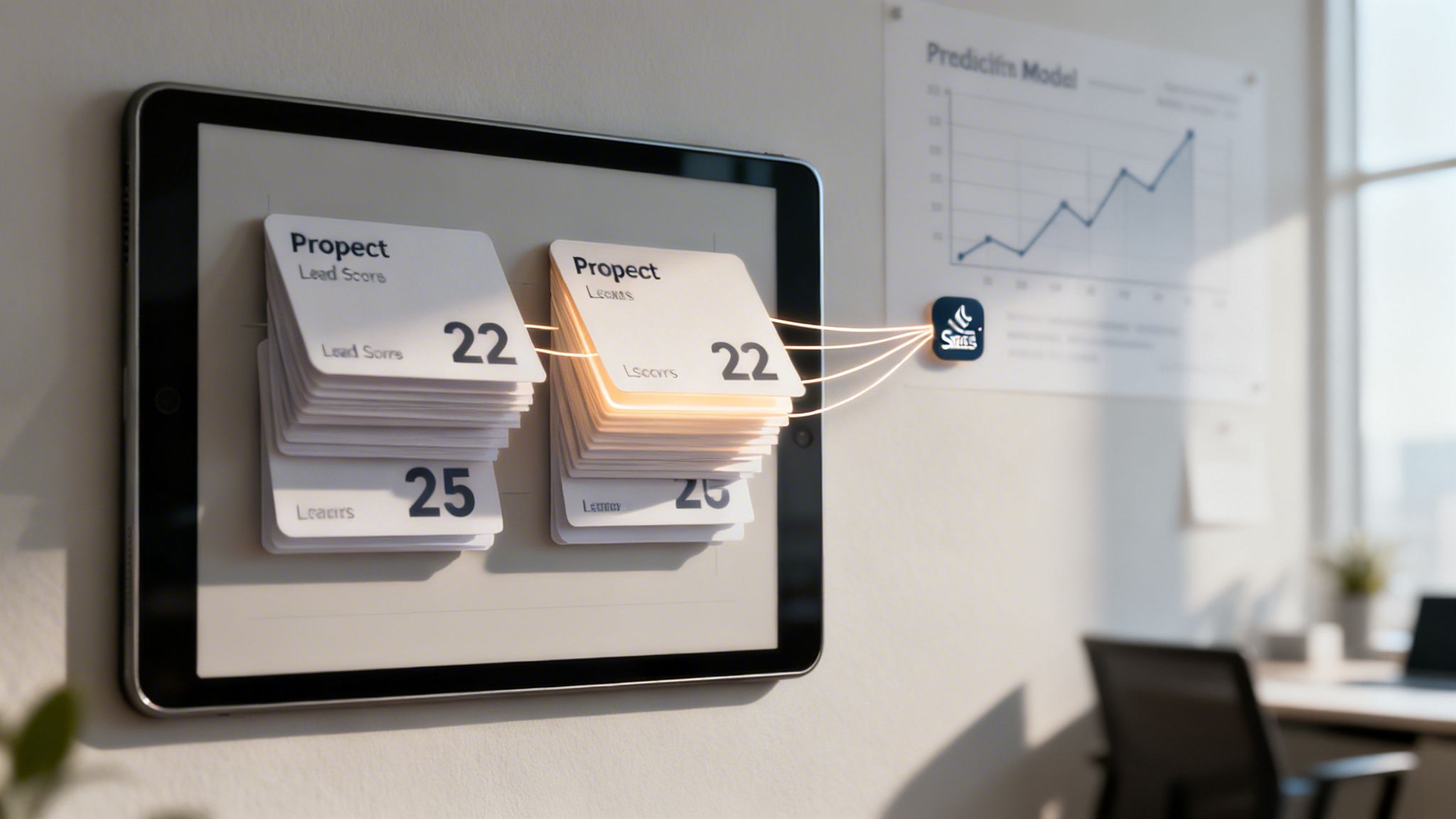A tablet displays prospect lead scores, connected to a SAS prediction model chart in an office.