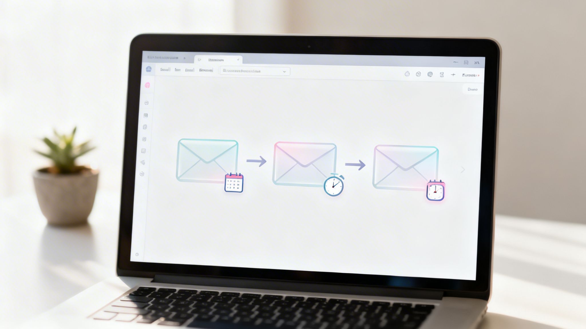 A laptop screen displays an email marketing automation workflow, showing scheduled and timed email campaigns.