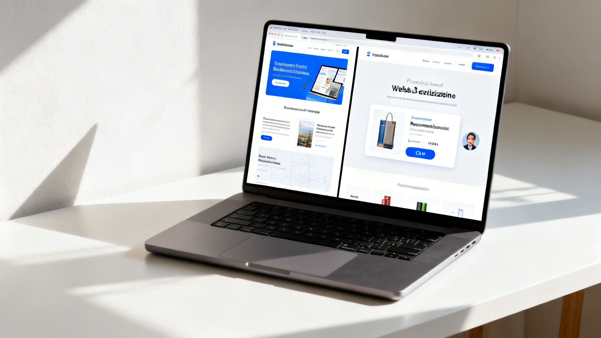 A modern laptop on a clean white desk displaying a detailed website with business content, bathed in sunlight.