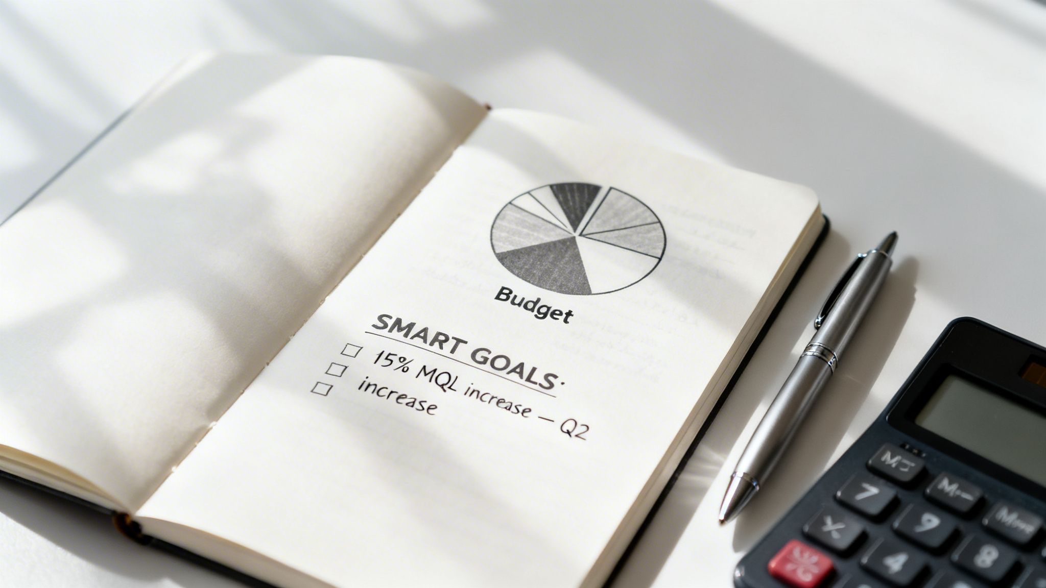 Open notebook displaying a budget pie chart, SMART goals for MQL increase, pen, and calculator.