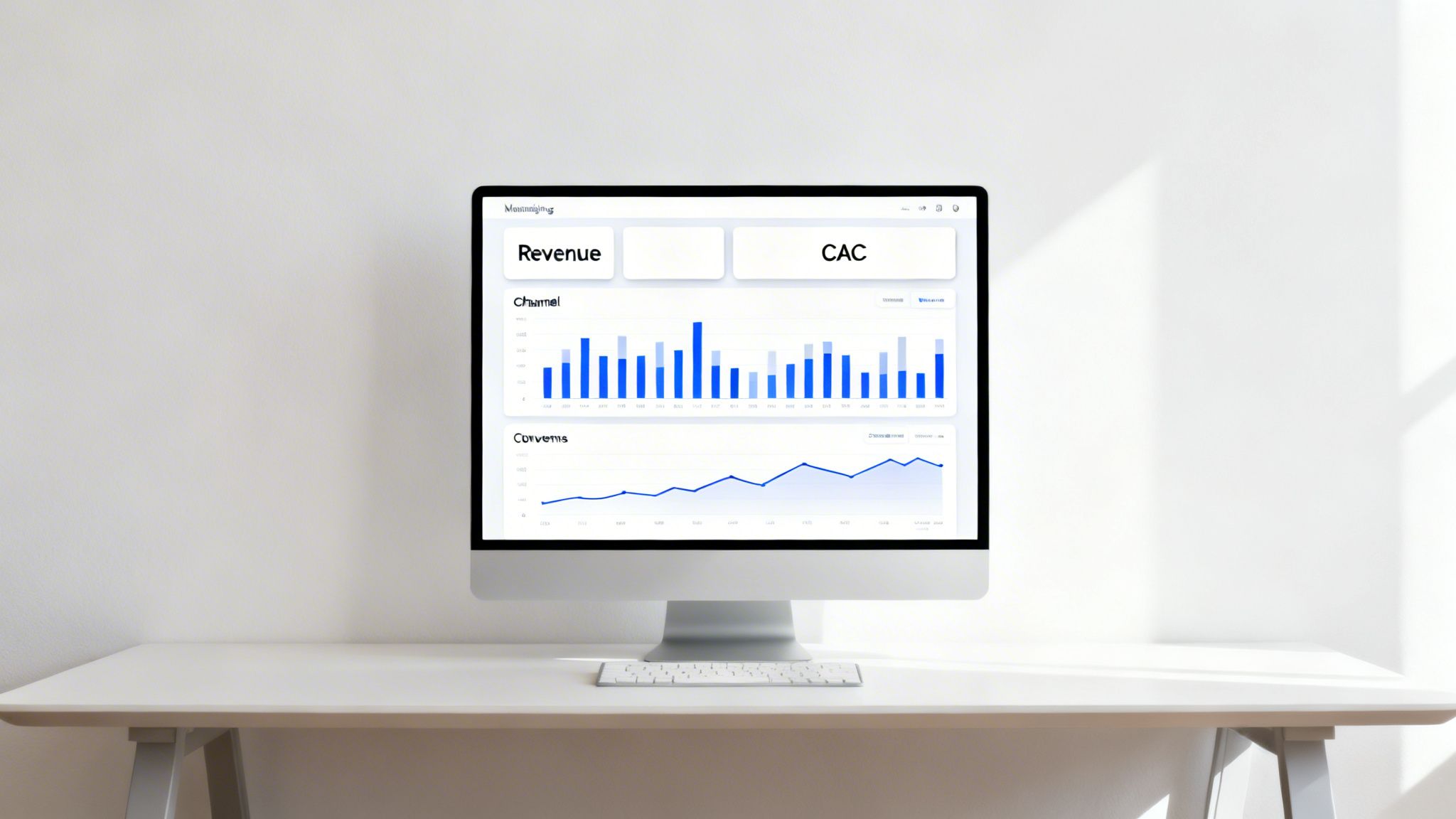 A clean office desk with a computer monitor displaying a marketing analytics dashboard with charts.