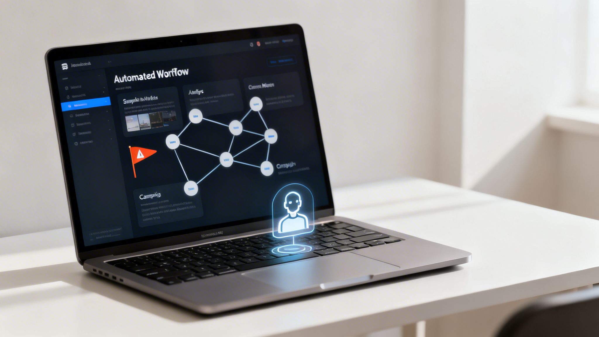 A laptop displaying an 'Automated Workflow' interface with data nodes and a glowing AI human icon.