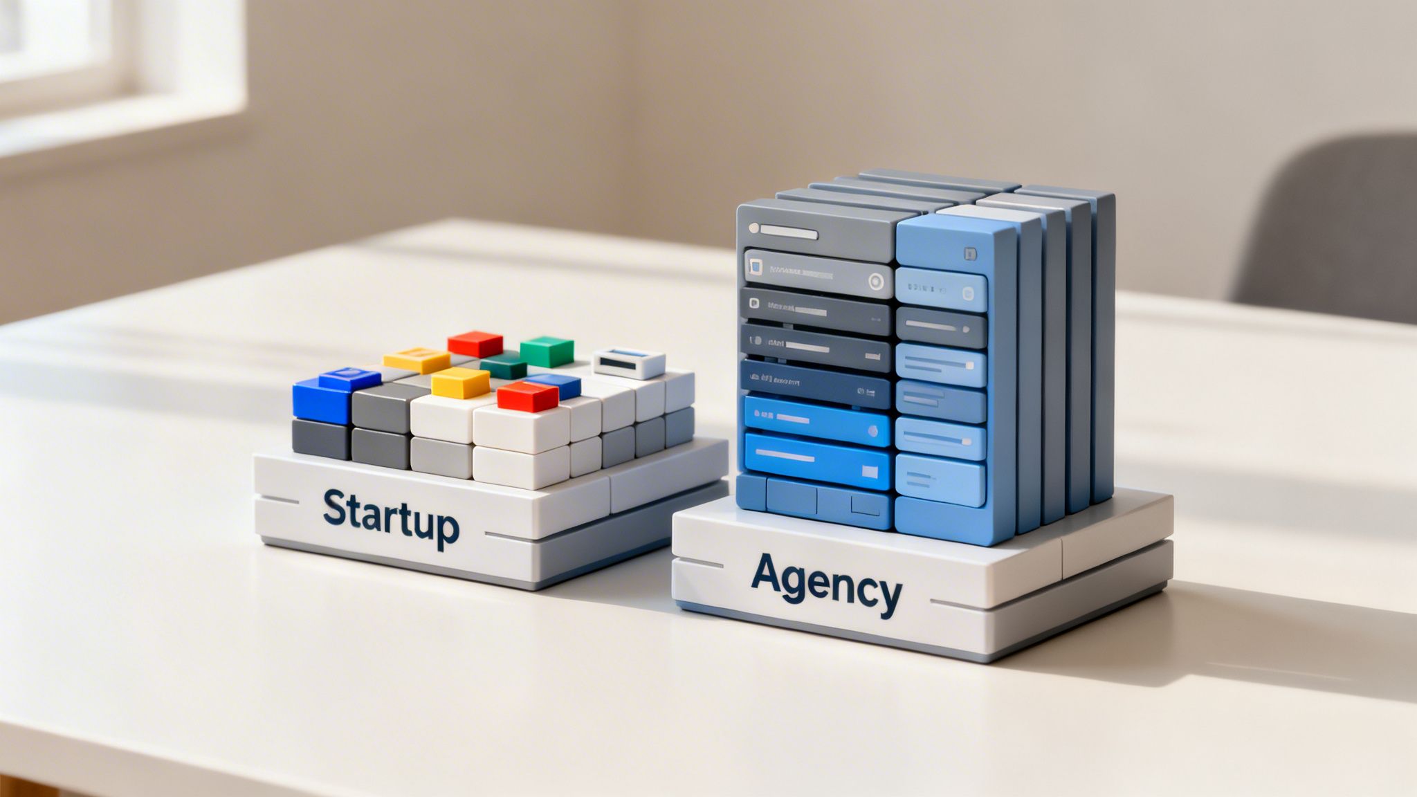 Desk setup comparing startup flexibility with agency structure using colorful blocks and data stacks.