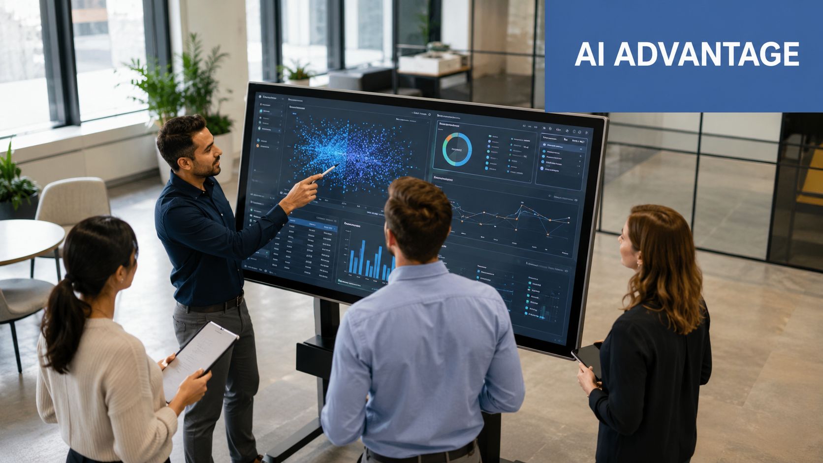 A professional team discussing data analytics on a large interactive digital screen in a modern office.