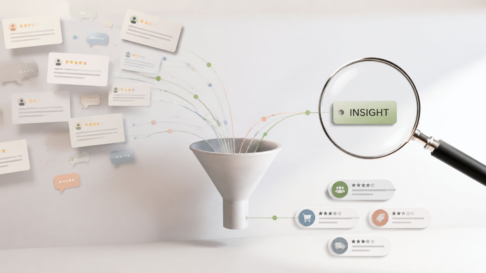 A 3D visualization showing customer reviews being processed through a funnel into actionable business insights.