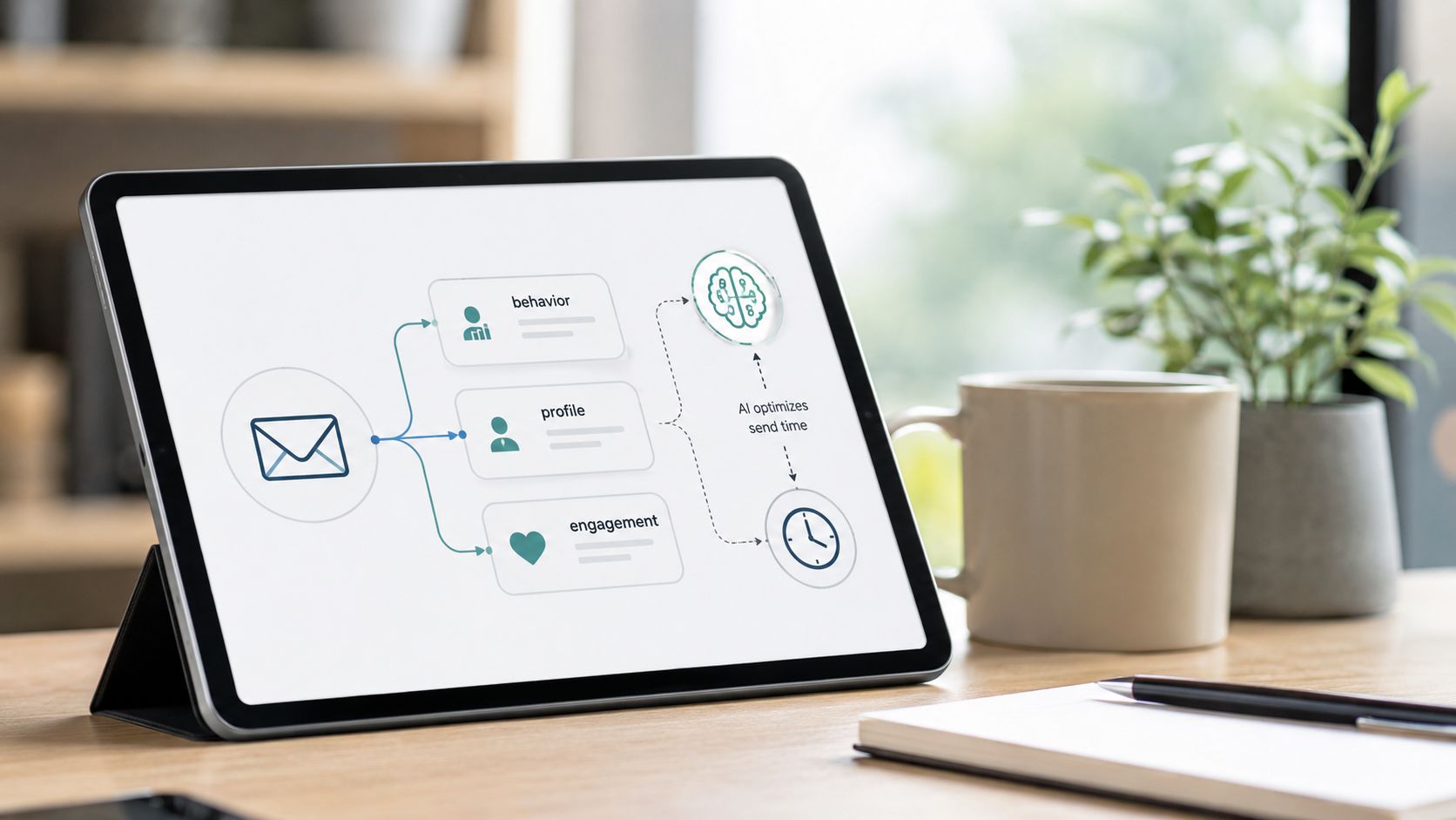 A digital tablet displaying an infographic about AI-driven email marketing optimization strategy.