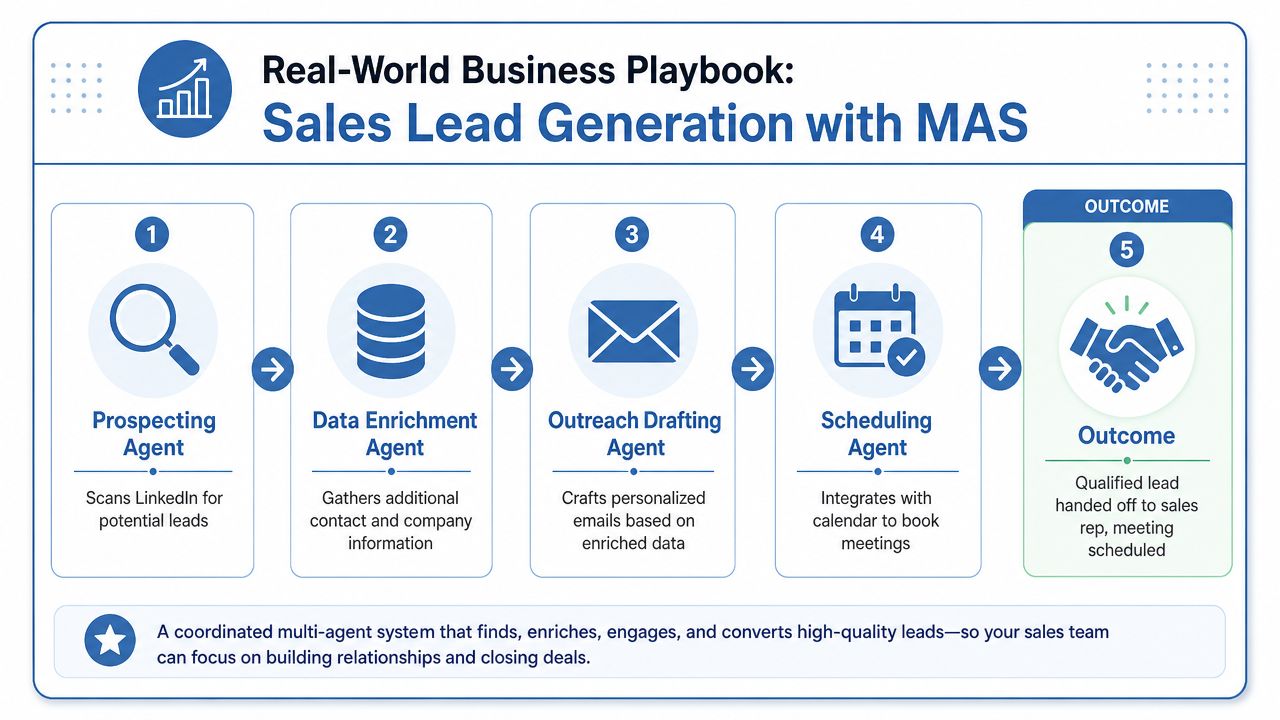 A five-step business process flowchart illustrating a multi-agent system for automated sales lead generation.
