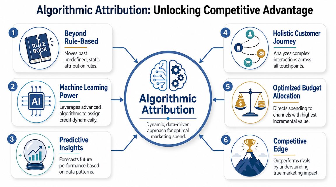 A diagram illustrating six benefits of algorithmic attribution for optimizing marketing performance and competitive business strategy.