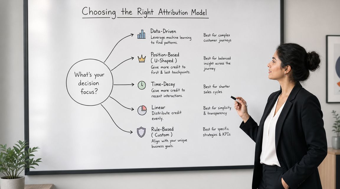 A professional woman presenting a diagram about selecting the appropriate marketing attribution model on a whiteboard.