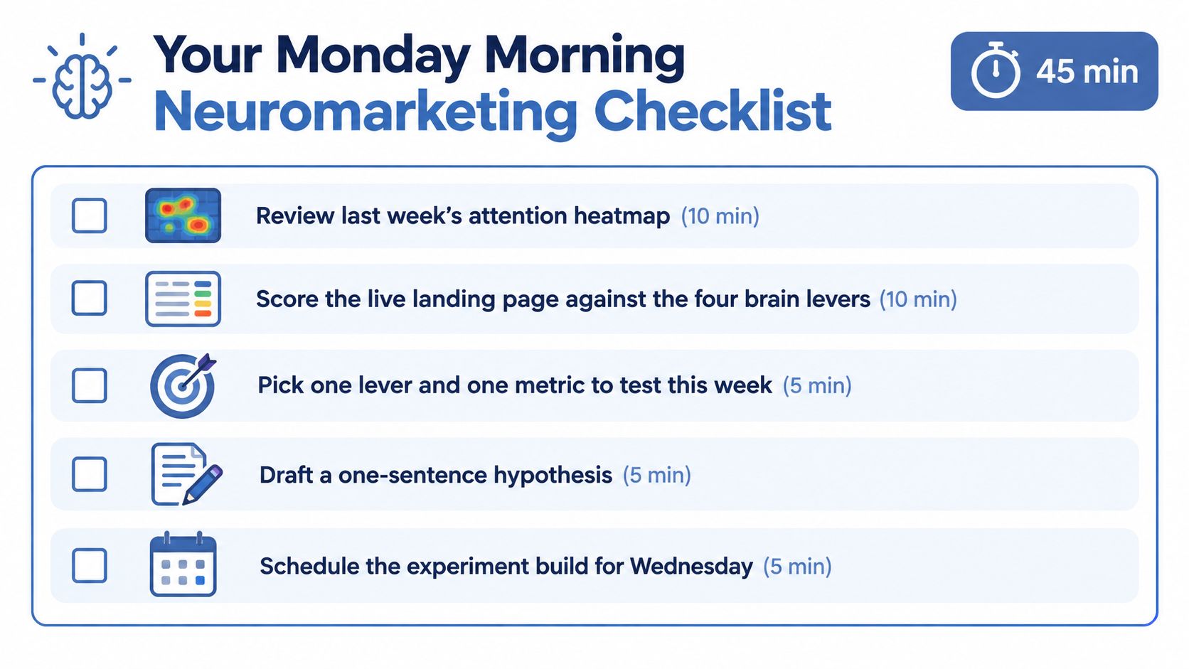 A checklist titled Monday Morning Neuromarketing Checklist with tasks and estimated times for marketing optimization.