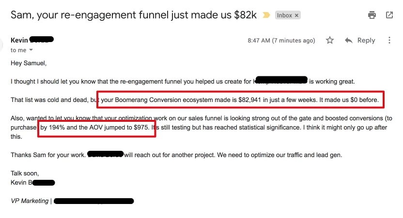 Gmail email from Kevin to Sam: re-engagement funnel made $82,941, sales funnel conversions up 194%