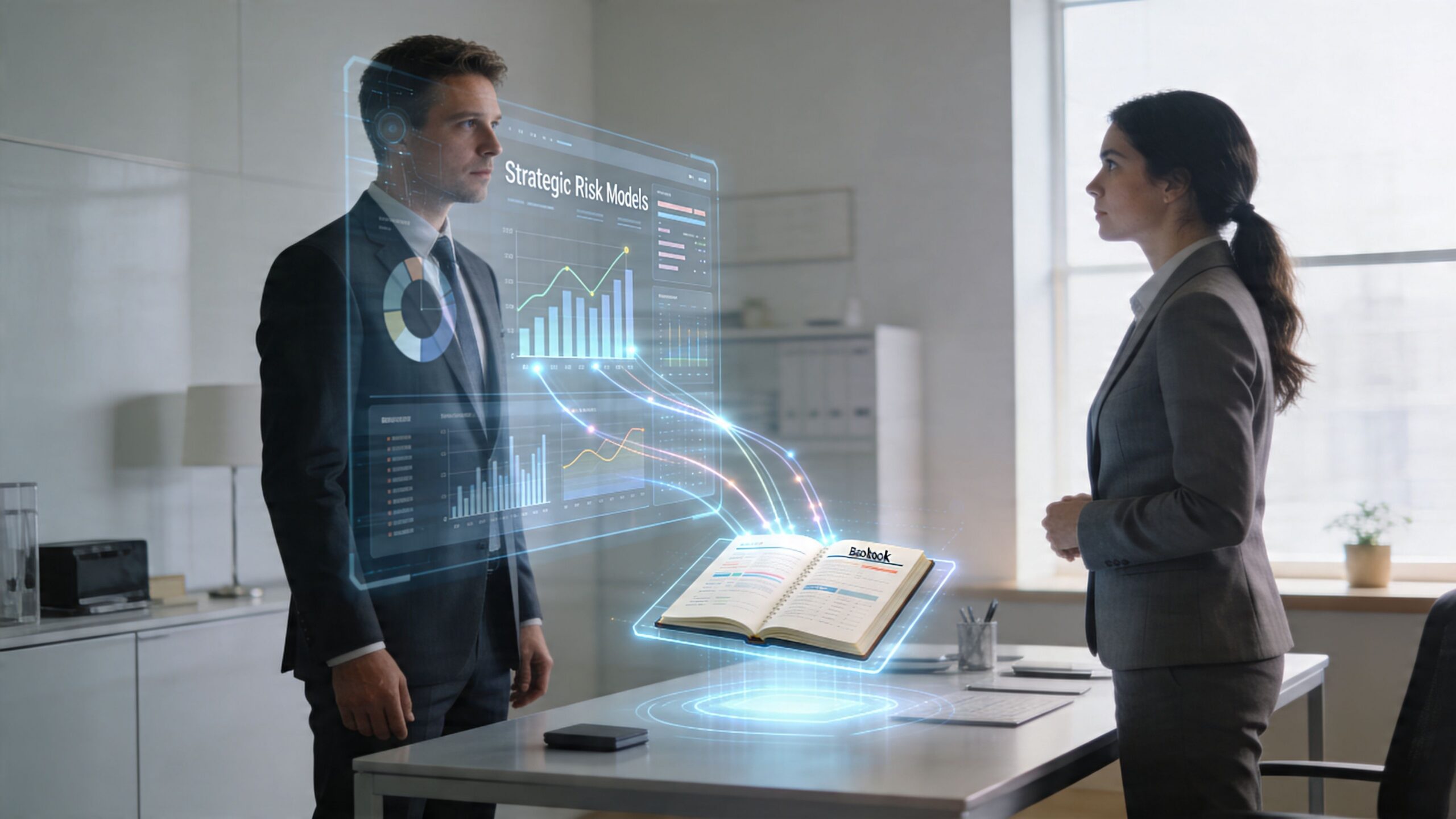 A professional man and woman discussing strategic risk models via a futuristic holographic data interface in an office.