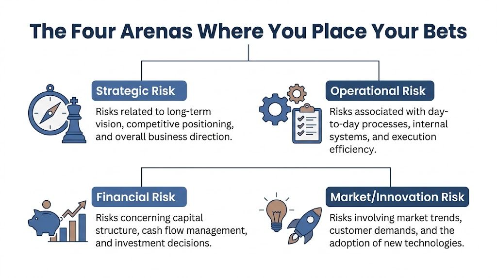 An infographic titled The Four Arenas Where You Place Your Bets, outlining strategic, operational, financial, and innovation risks.