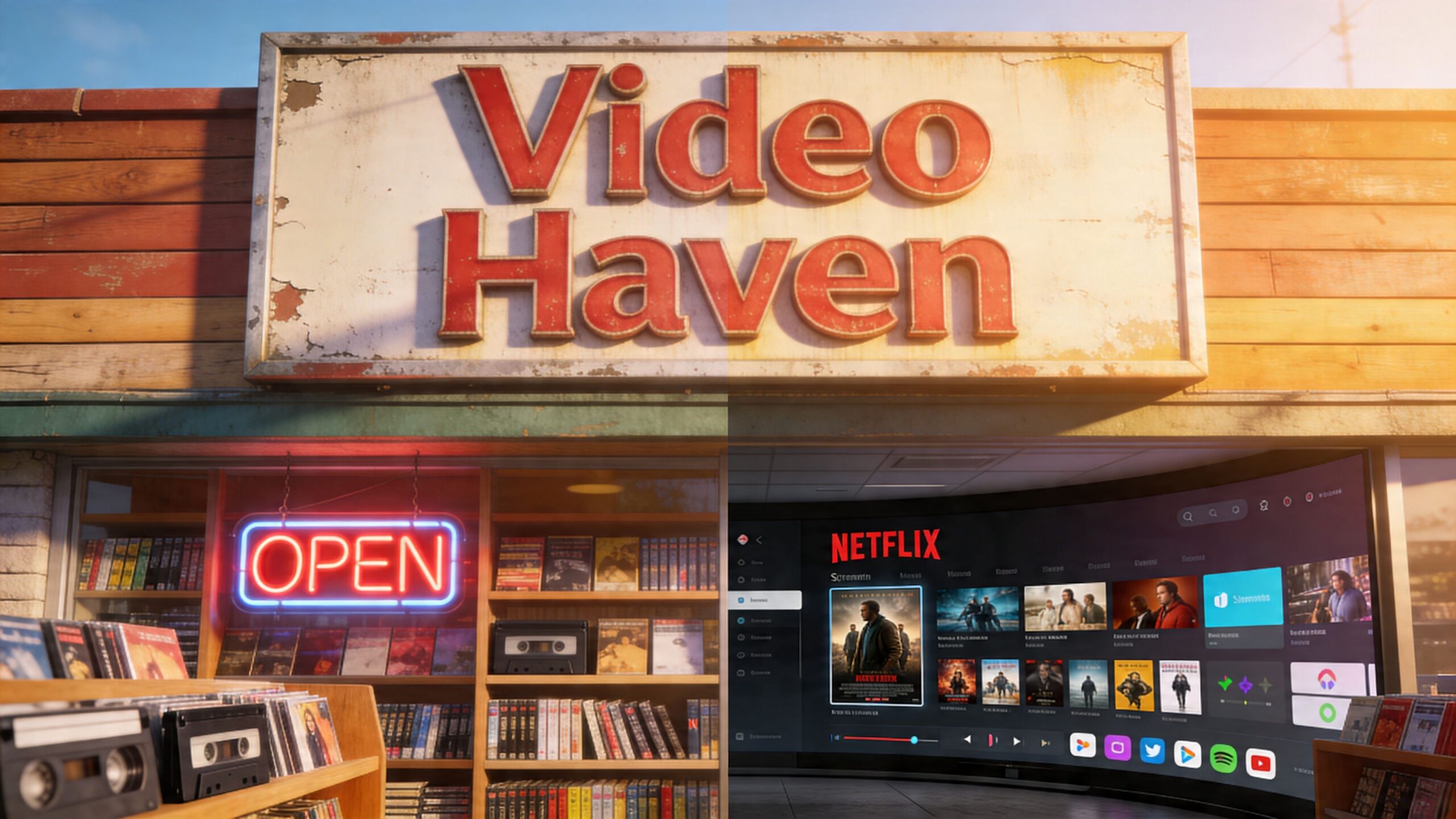 A split-screen comparison showing a nostalgic physical video rental store transitioning into a modern digital Netflix interface.