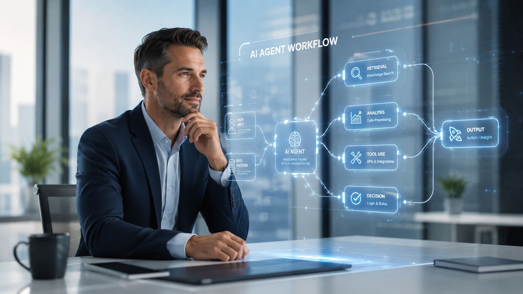 A professional man sitting at a desk interacting with a holographic display of an AI agent workflow.