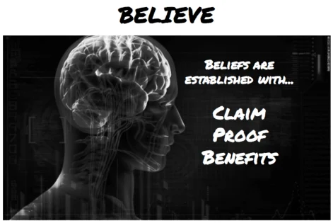 Illustration titled 'Believe' showing an X-ray of a head with brain, listing Claim, Proof, and Benefits as belief builders