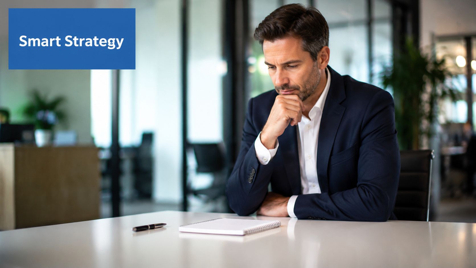 A professional man in a business suit sitting at a desk, thoughtfully considering a business strategy.