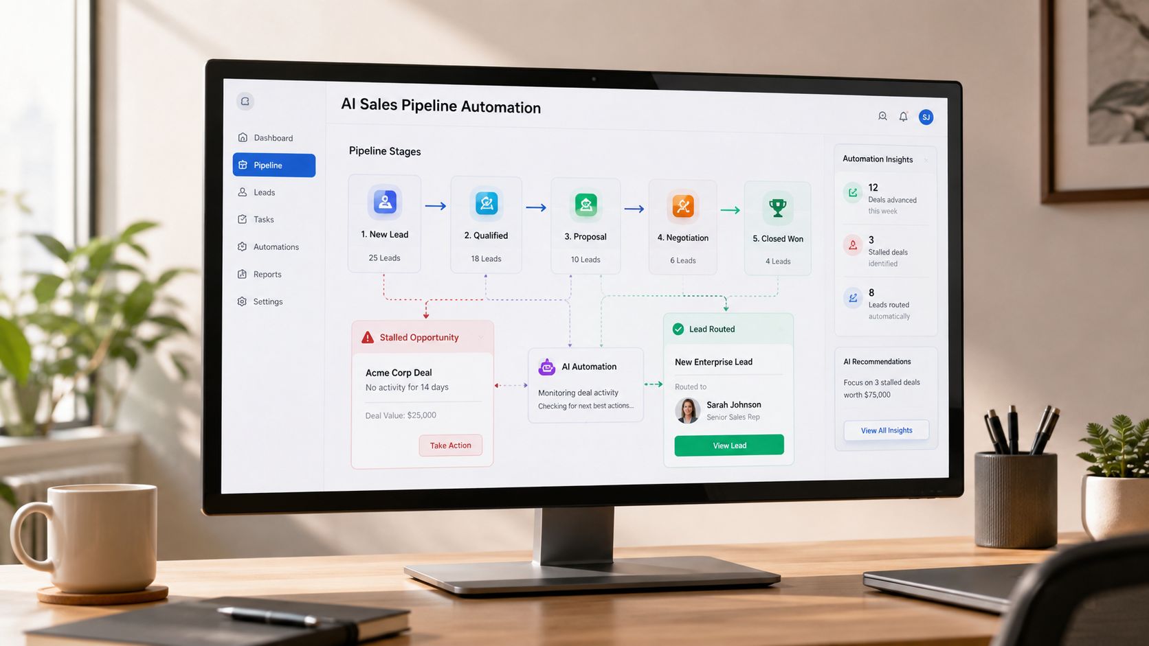 Computer screen displaying an AI-powered sales pipeline management software dashboard with various stages and automation insights.