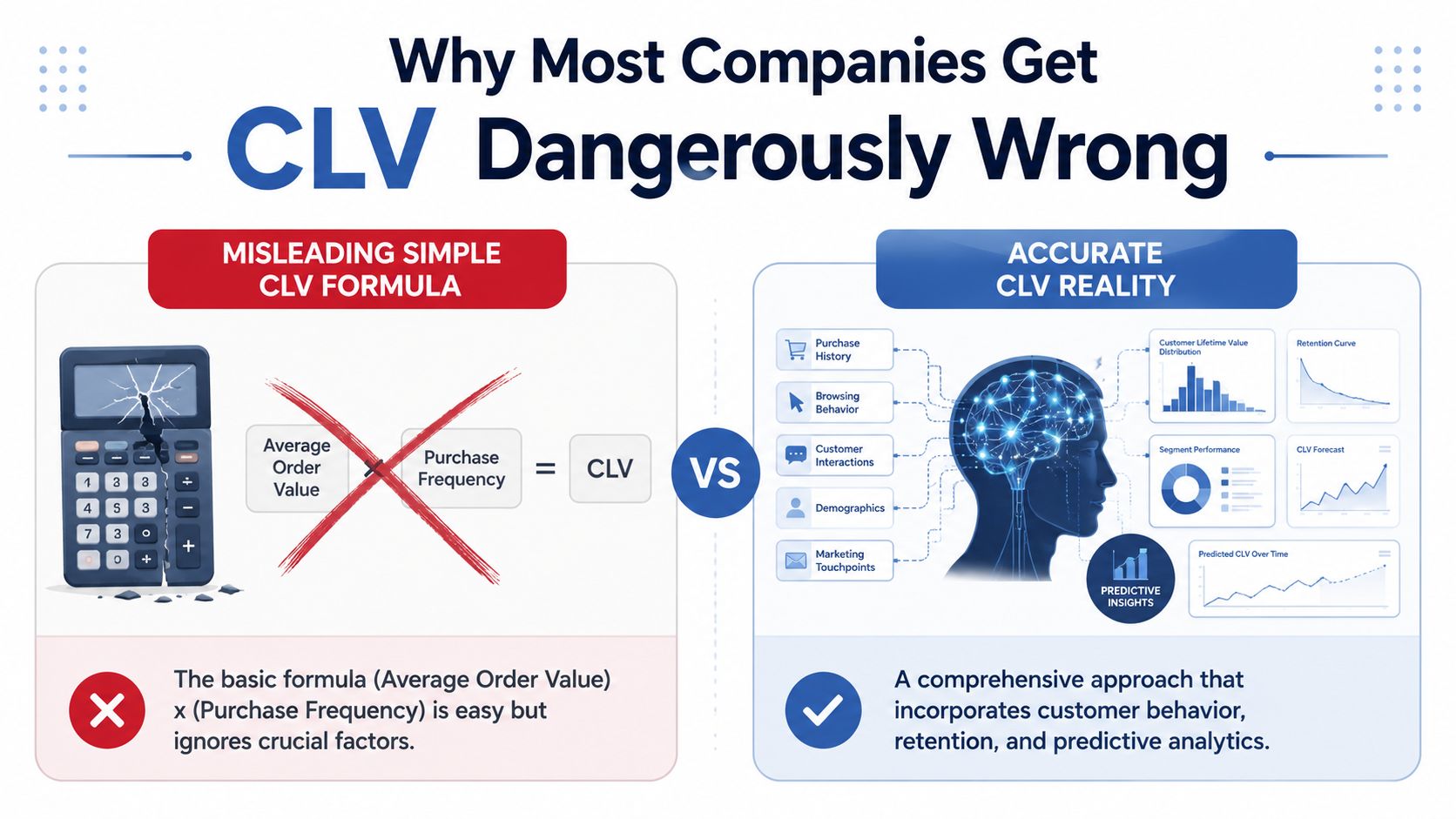 An infographic illustrating why a simple CLV formula is misleading compared to a predictive data-driven approach.