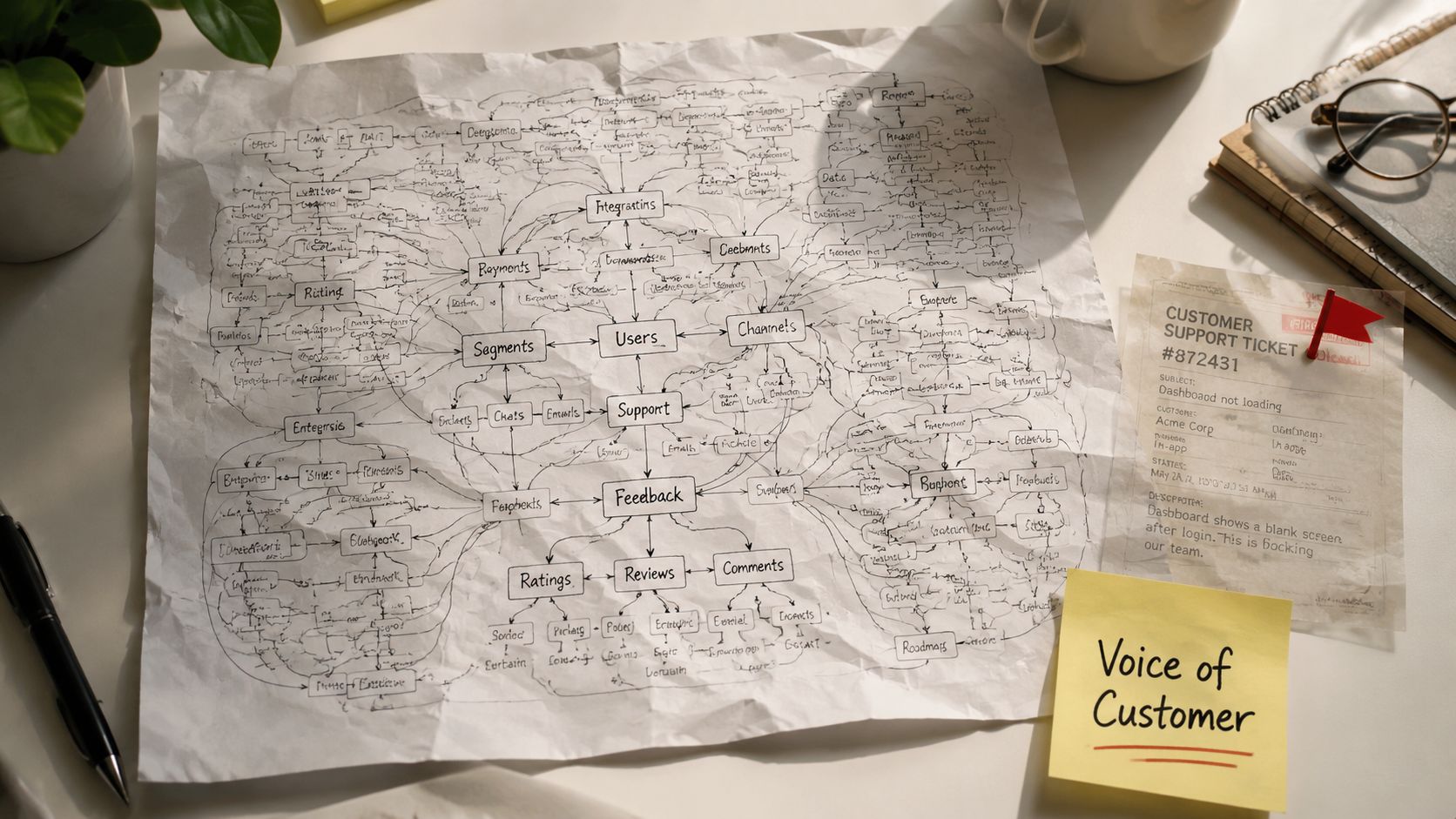 A hand-drawn flowchart illustrating customer feedback loops on crumpled paper next to a support ticket document.