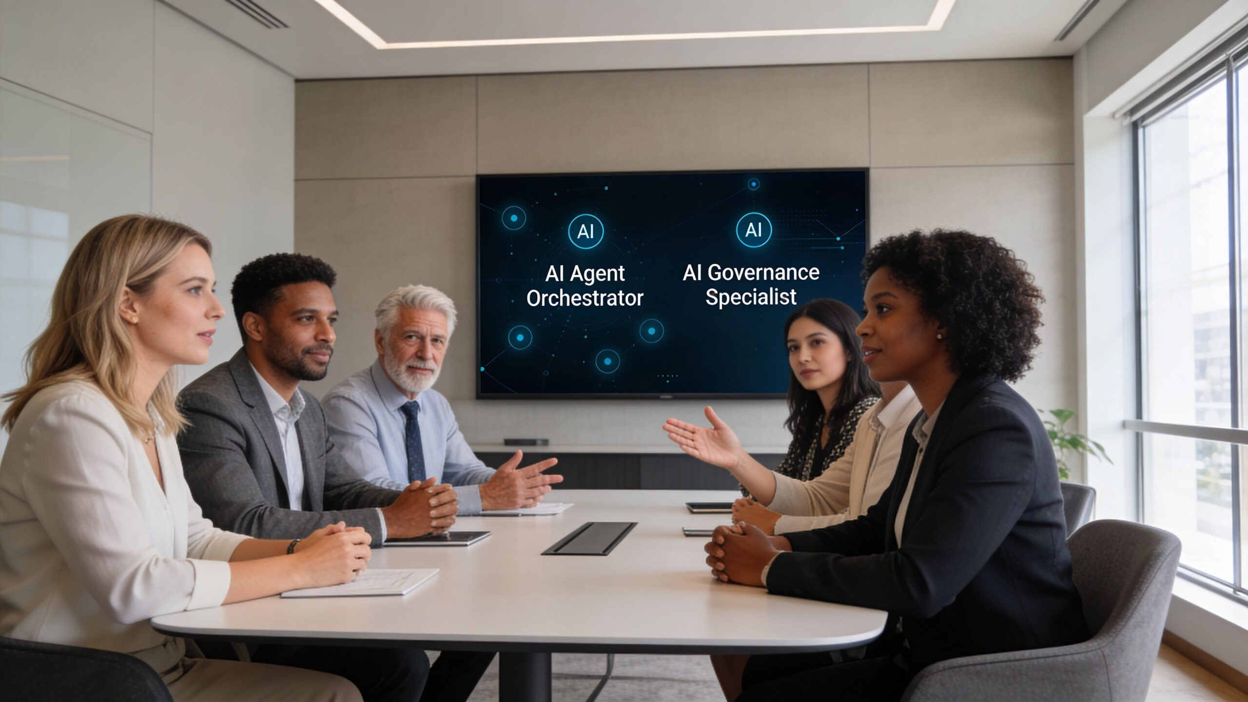 A professional team in a conference room reviewing AI agent orchestration and governance roles on a digital screen.