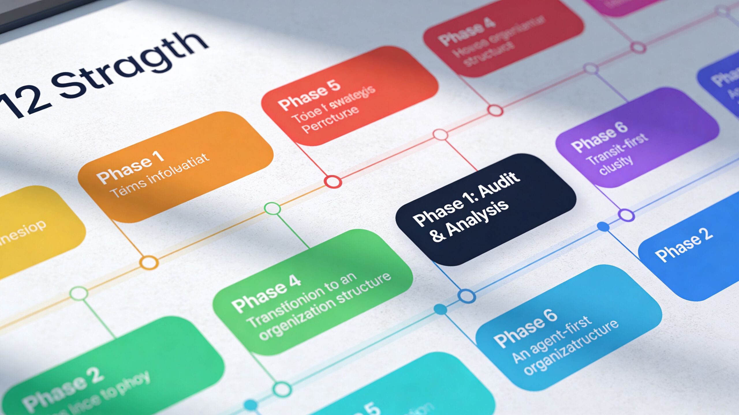 A colorful infographic showing a numbered roadmap of business organizational planning phases and strategic development stages.