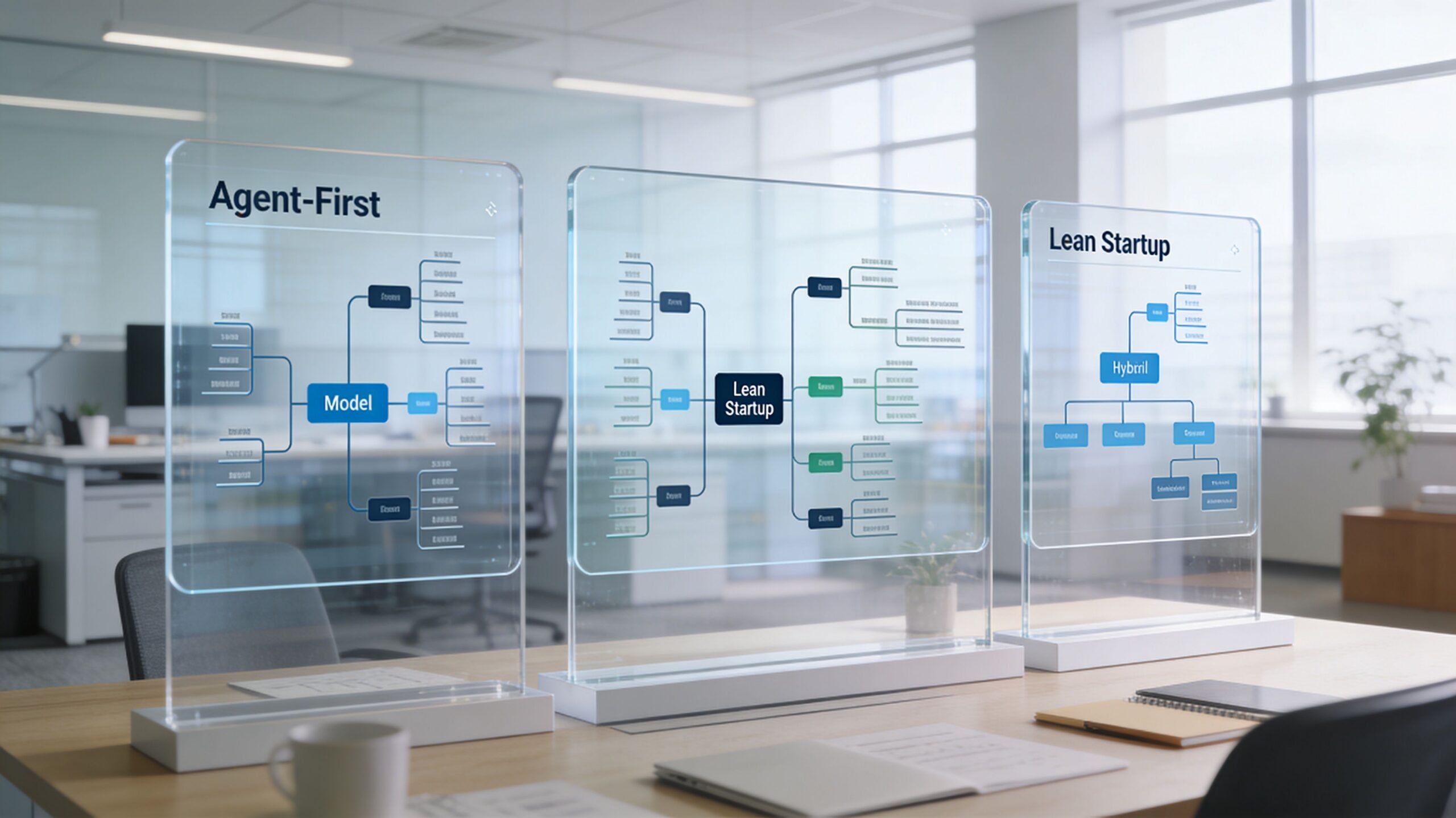Three glass screens on an office desk displaying hierarchical flowcharts about organizational structures and business strategy models.