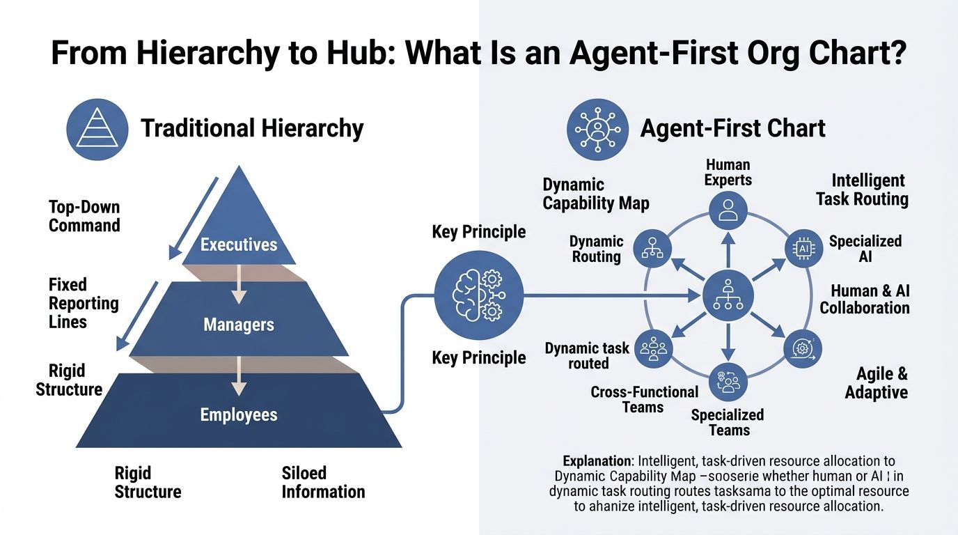 A diagram comparing traditional hierarchy to an agent-first organizational structure showing shift from top-down to dynamic.