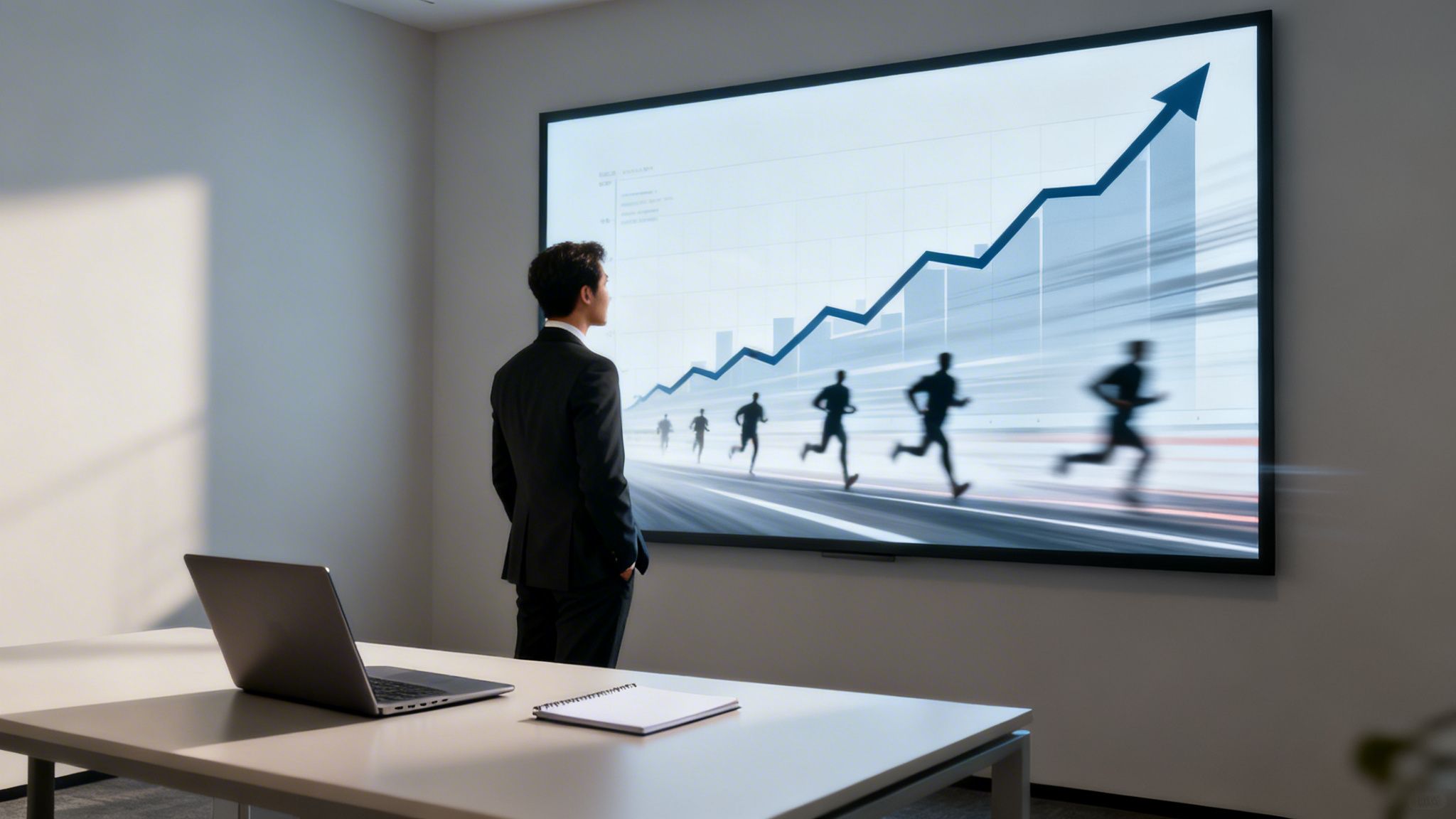 A businessman looks at a large screen showing a rising graph and silhouettes of running figures.