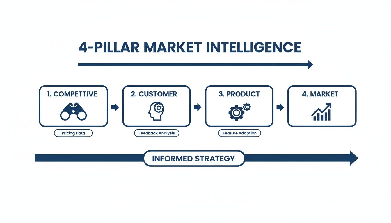 Infographic detailing the 4-Pillar Market Intelligence framework with competitive, customer, product, and market analysis.