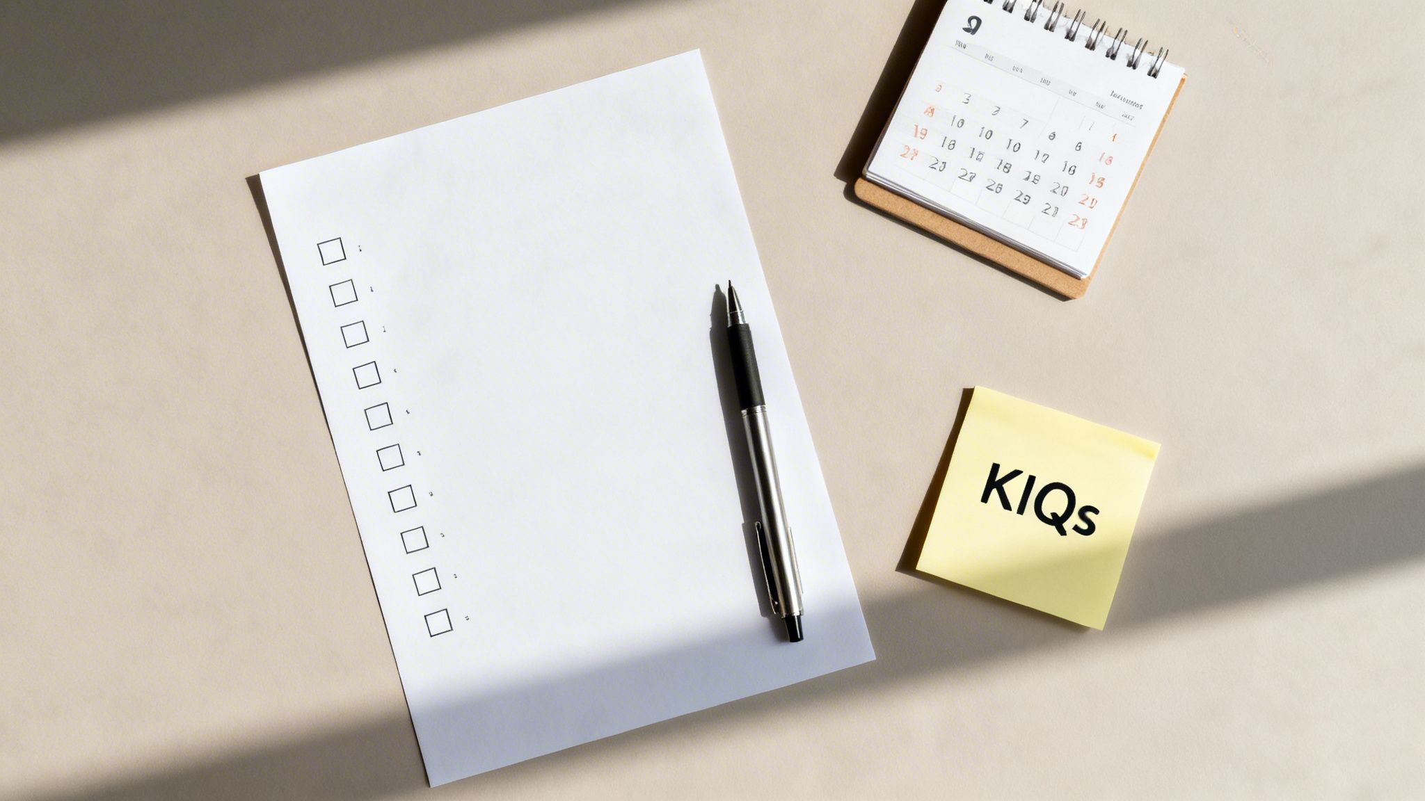 A flat lay of a checklist on white paper, a pen, a desk calendar, and a 'KIQs' sticky note on a beige surface.