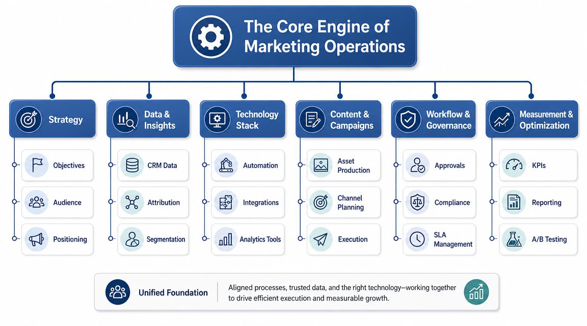A diagram illustrating the core components and pillars of an effective marketing operations organizational structure.