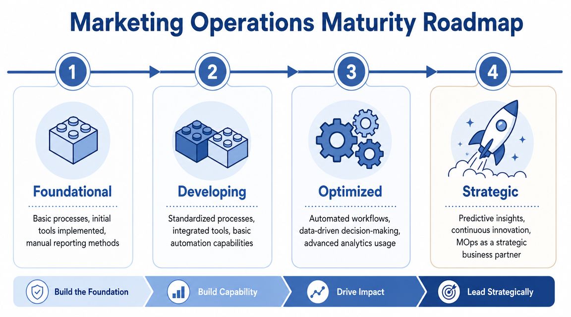 A four-stage marketing operations maturity roadmap showing the progression from foundational processes to strategic business leadership.