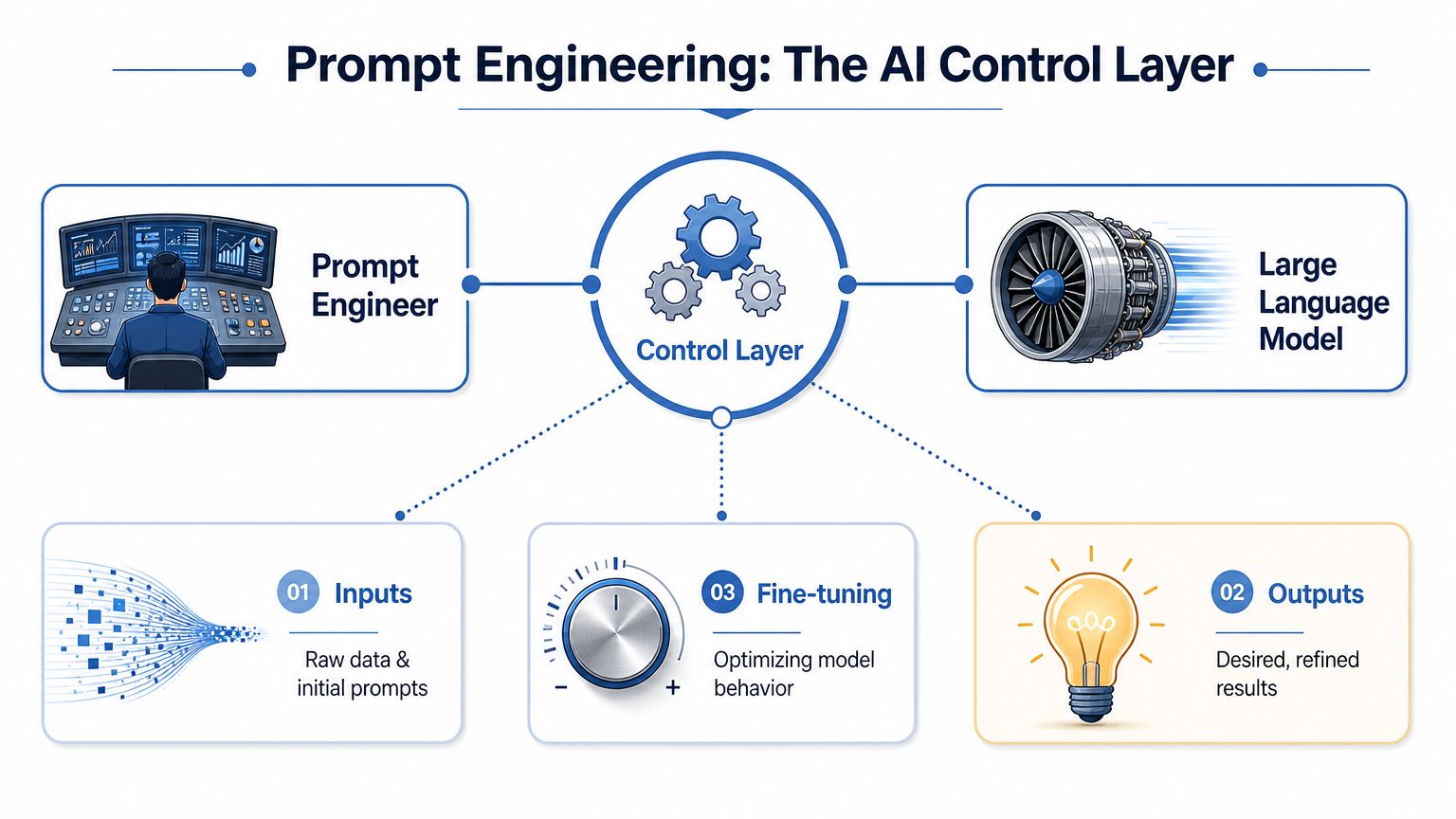 A diagram illustrating prompt engineering as a control layer between a human engineer and an AI model.
