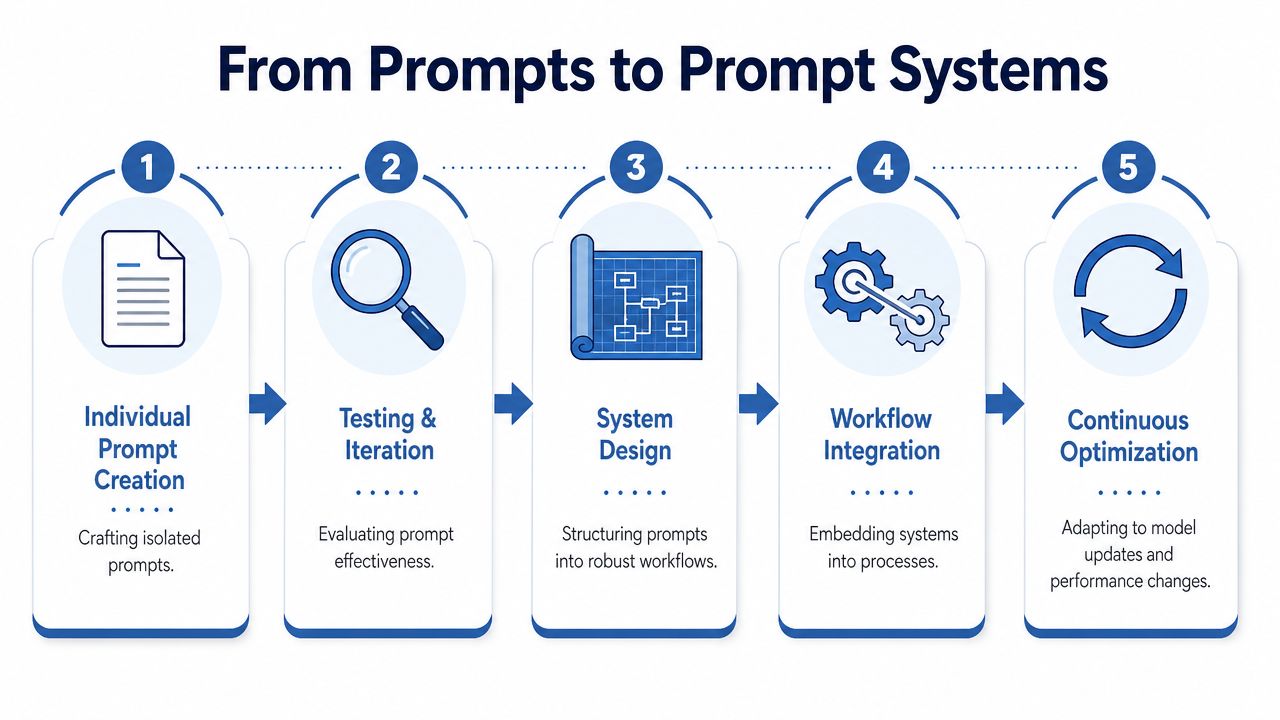 A five-step diagram illustrating the process from individual prompt creation to continuous optimization of prompt systems.