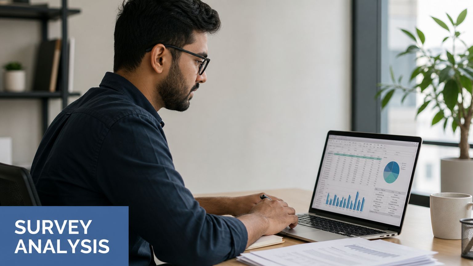 A professional man with glasses sitting at a desk and analyzing survey data on his laptop screen.