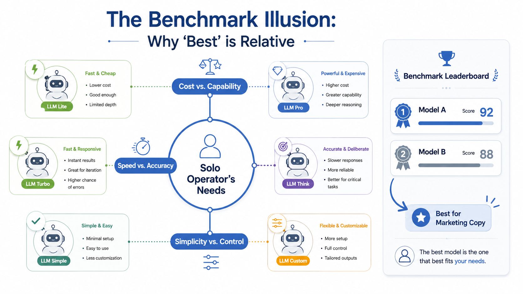 A diagram explaining why choosing an AI model depends on individual needs rather than just leaderboard scores.